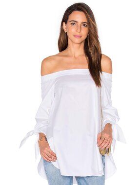 Tibi Satin Off The Shoulder Tunic Top Womens 0 White Cotton Poplin Tie Sleeves